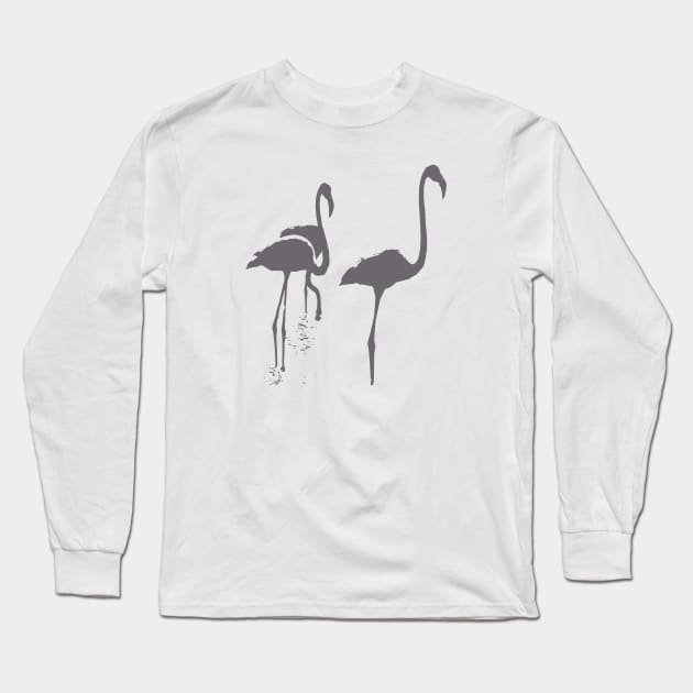 Minimalistic Three Flamingos Grey Silhouette Long Sleeve T-Shirt by taiche